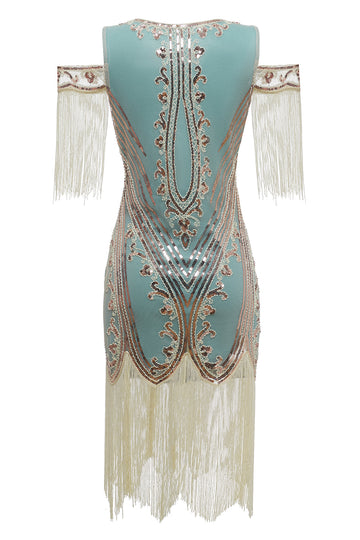 Green Sheath Off the Shoulder Sequins 1920s Dress With Tassels
